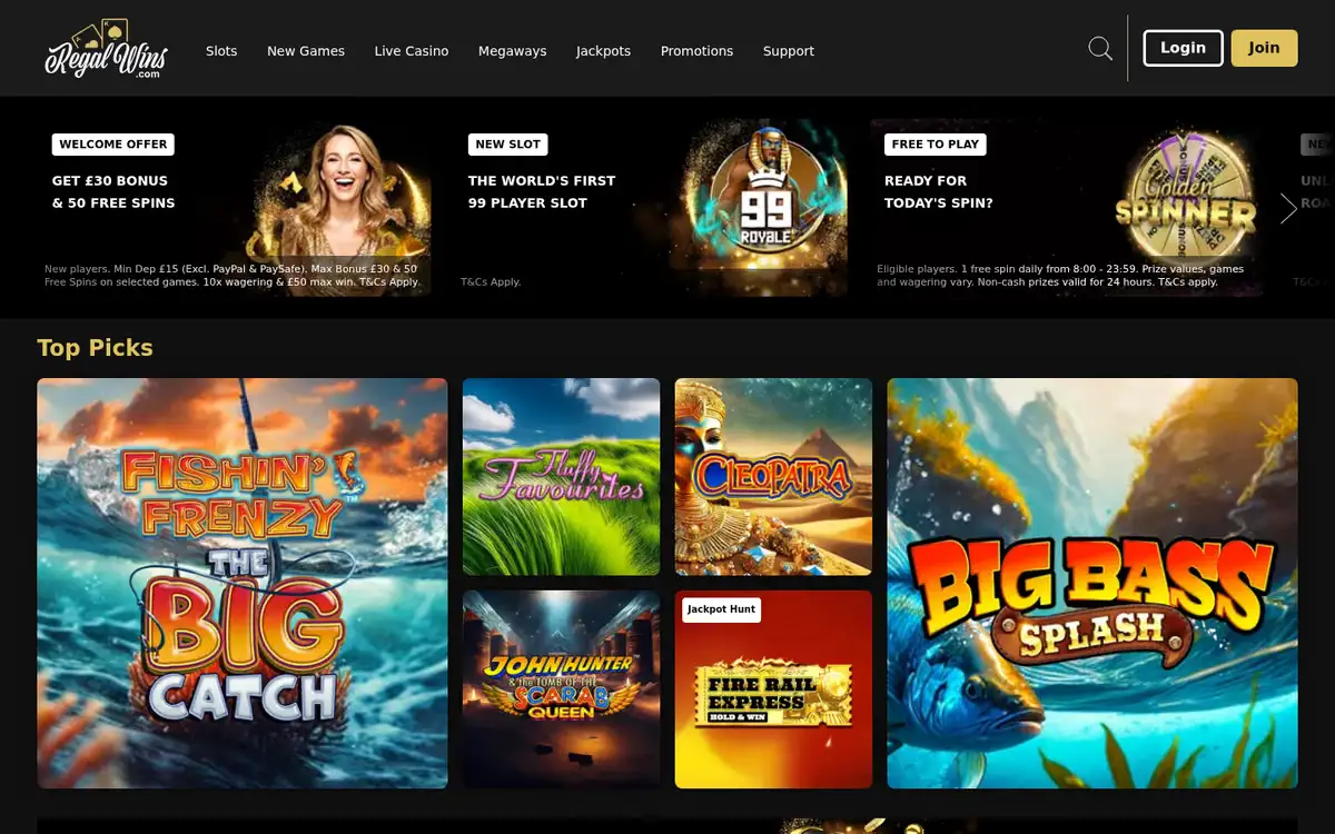 Regal Wins homepage: slot tiles and promotions. Captured September 2026